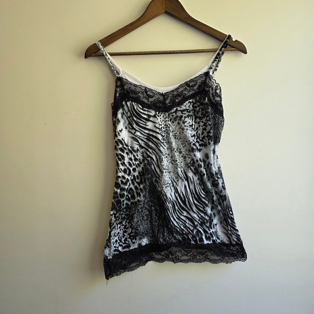 Almost Famous Animal Print Lace Trim Cami Top Y2K Whimsigoth Dark Coquette Large